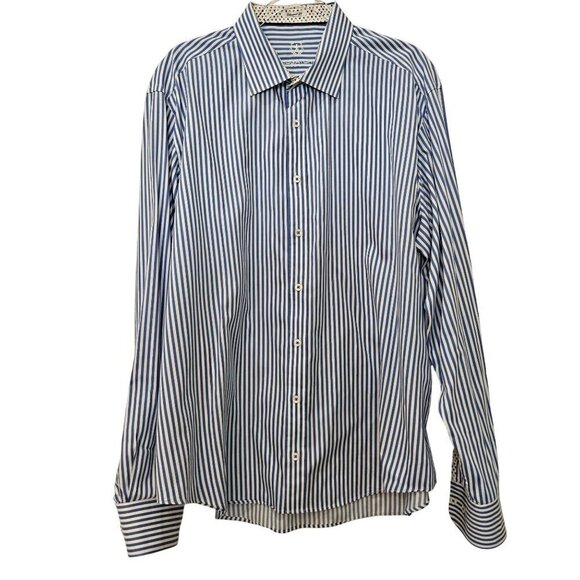 Bugatchi Uomo Men's 2XL Shapped Fit Blue Striped Long Sleeve Shirt Flower Lining - Picture 1 of 11